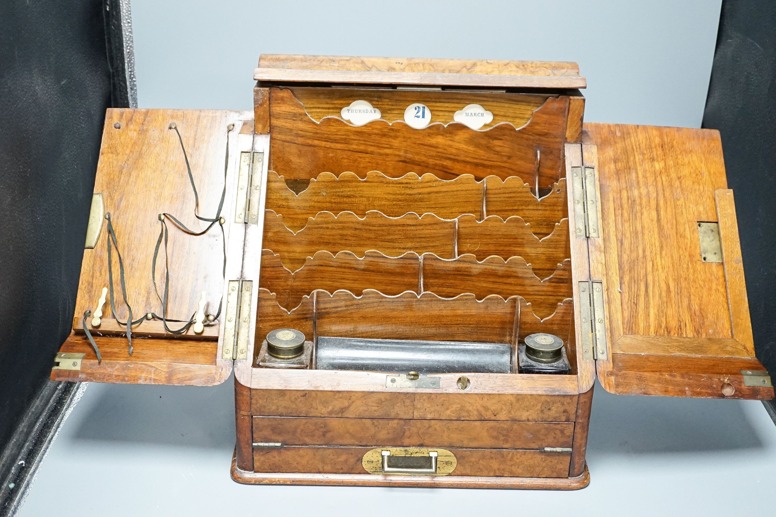 A Victorian burr walnut stationary casket, with calendar, 35cm